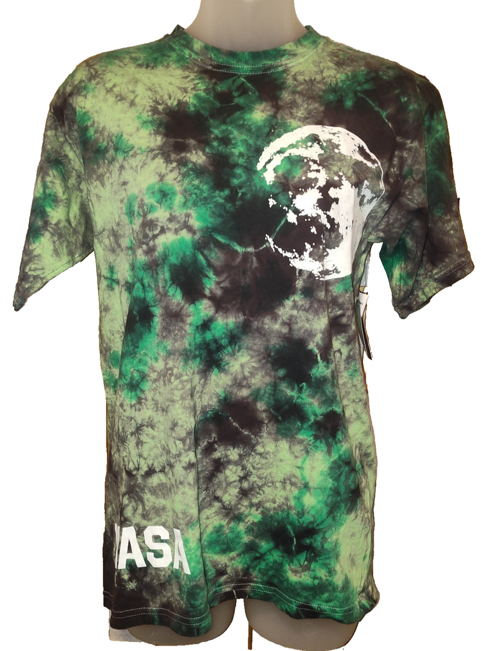 NASA Women’s Green Black Tie Dye Short Sleeve Graphic Moon T Shirt Size M BG24